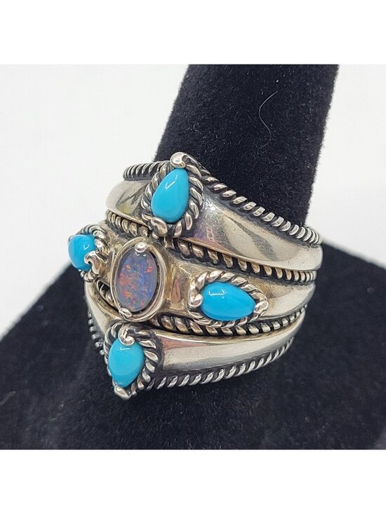 Handmade Jewelry - Vintage Sterling Silver Ring Size 7 Turquoise and Opal 925 Estate Jewelry - JW01